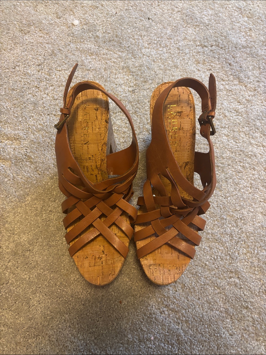 Ralph Lauren Tan Woven Leather Cork Wedge Sandals